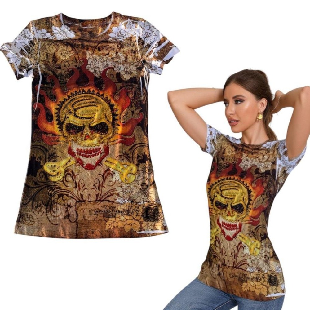 Y2K grunge punk style skull rhinestone skull graphic tattoo top small euc